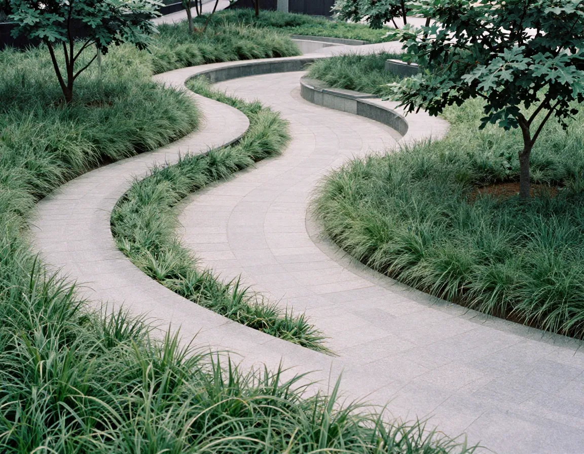 Architectural landscape design featuring natural stone pathways and native plantings